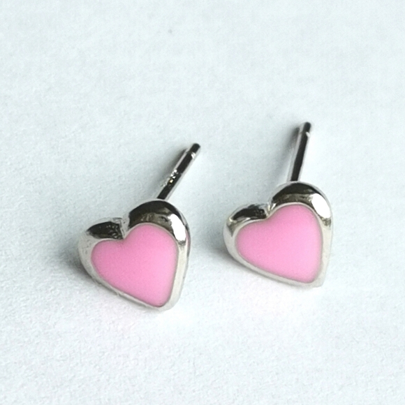 Sterling Silver Pink Enamel Heart Stud Earrings Small - Picture 1 of 4